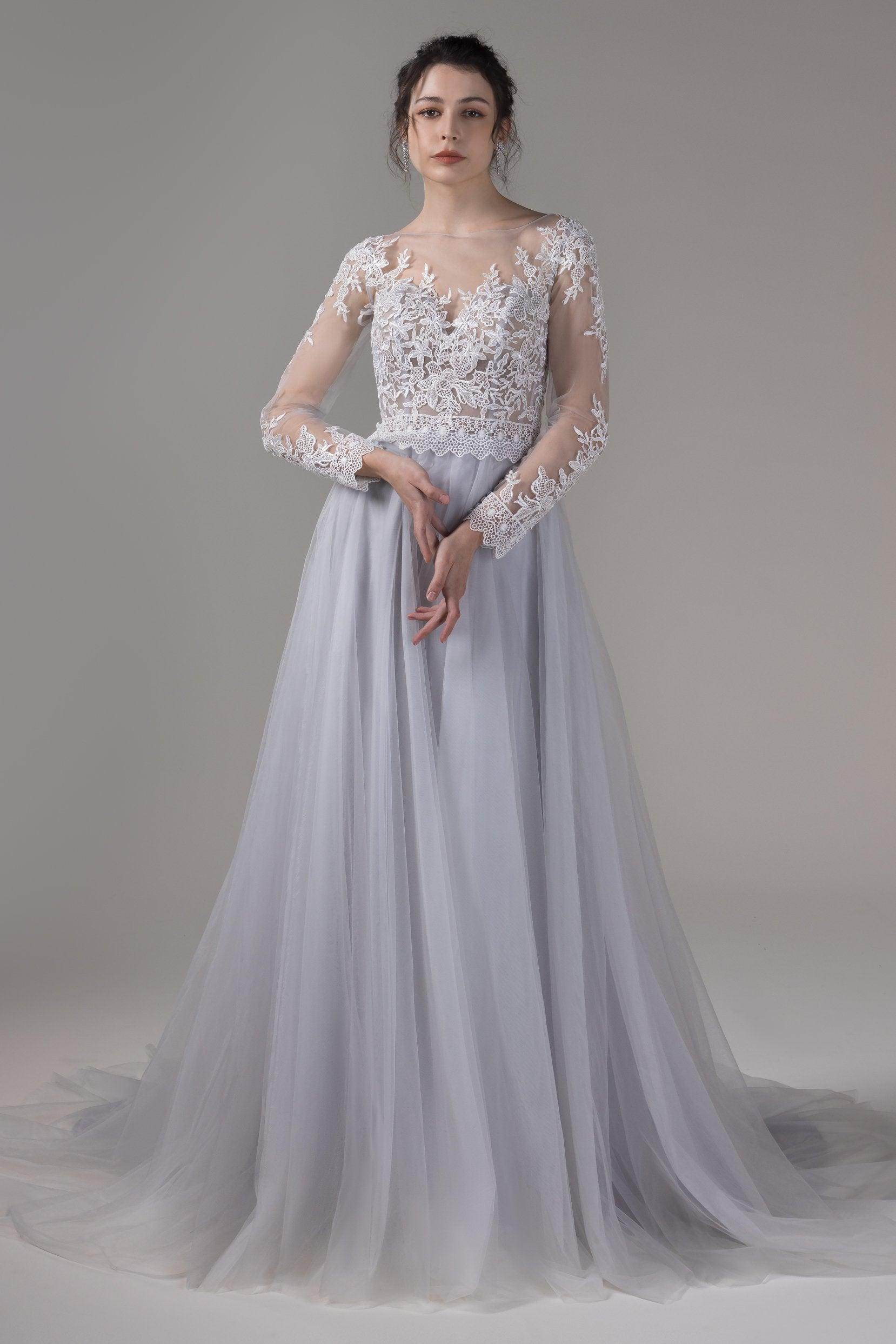 A-Line Chapel Train Lace Tulle Wedding Dress CW2809 - COCOMELODY